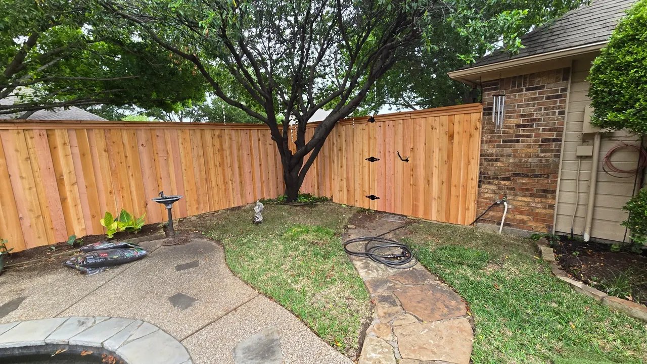 7 ft cedar board on board fence with double trim and 2” x 8” cedar cap. — Carrollton