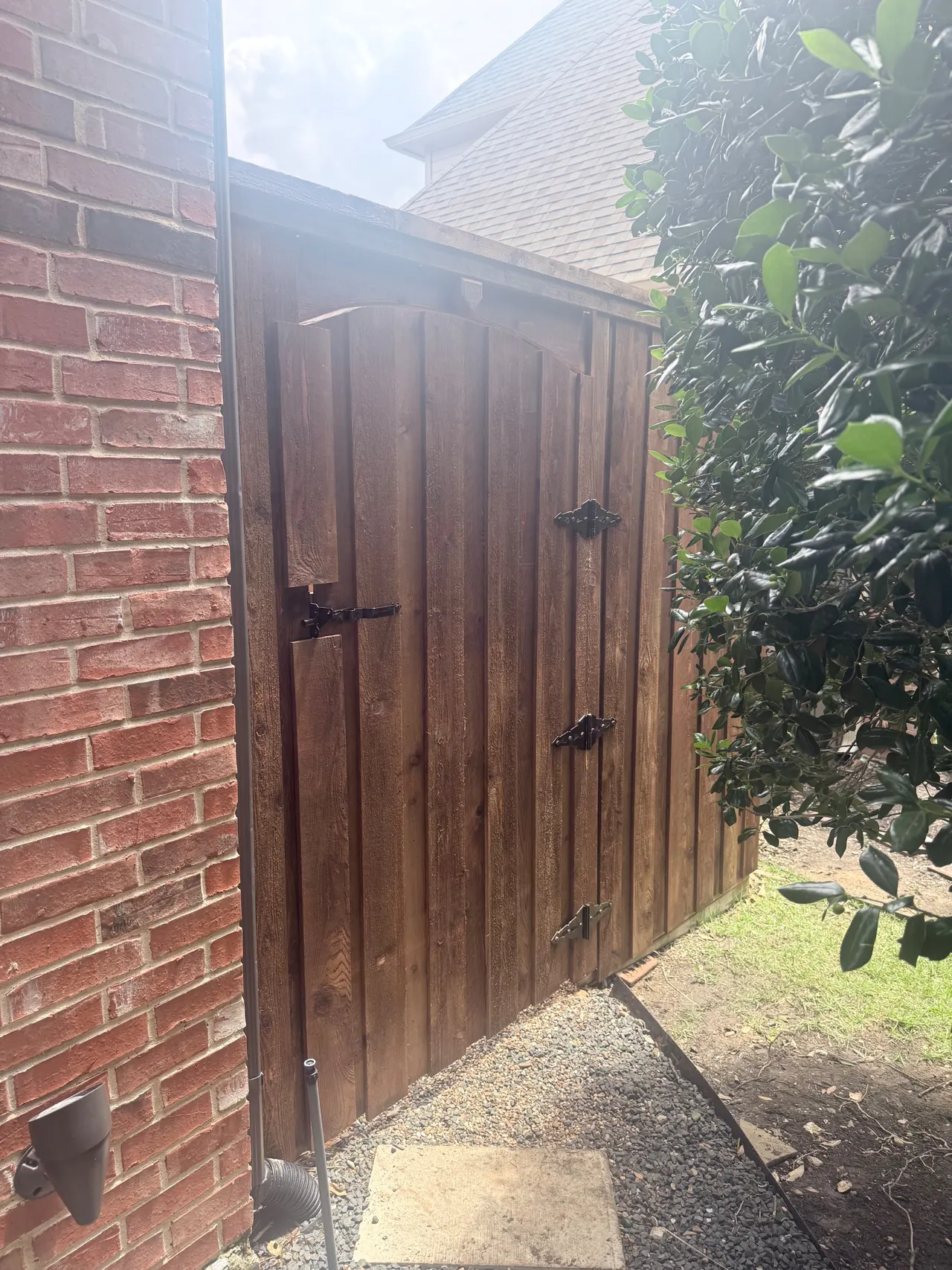 8ft Cedar Board on Board fence pre stained Classic Cedar tone color. — Plano