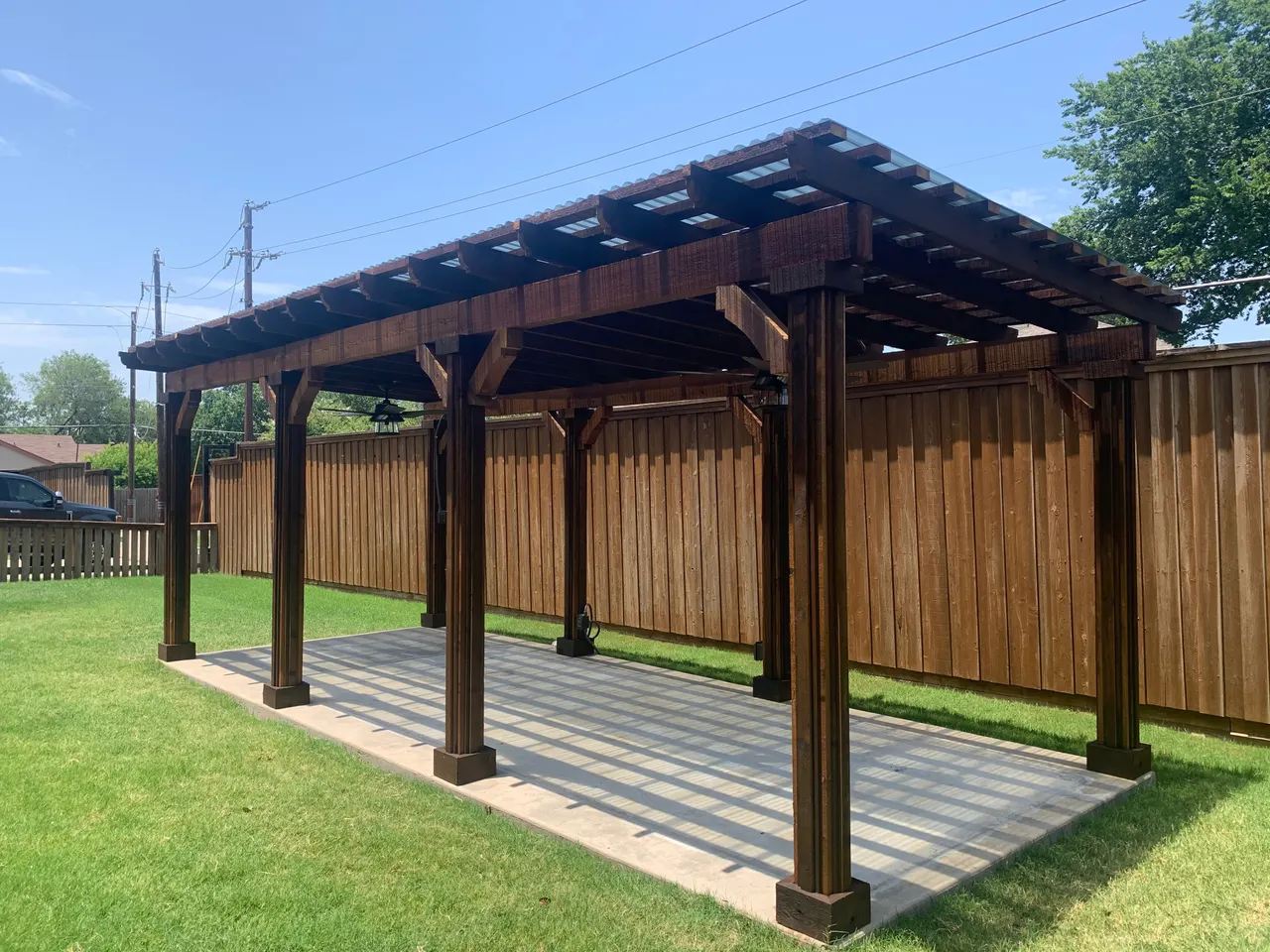 Cedar Pergola w/ Corrugated plastic across the top. — Plano