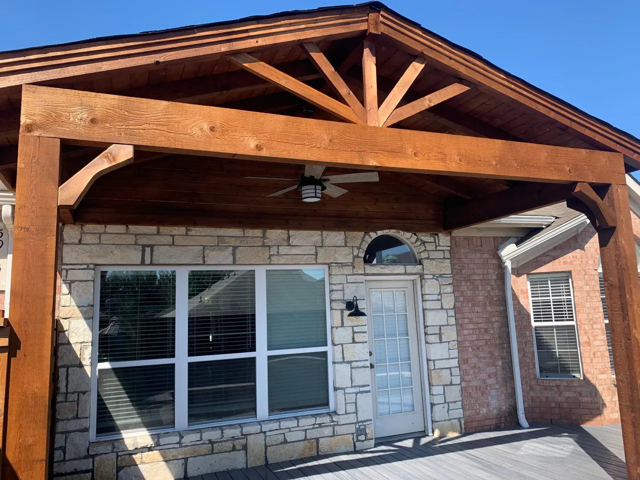 Western red cedar gable style patio cover and harbor grey color composite deck — Richardson